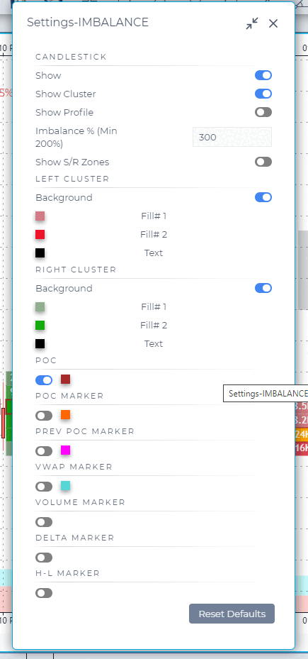 Imbalance chart configuration options for fill colours and ratio thresholds